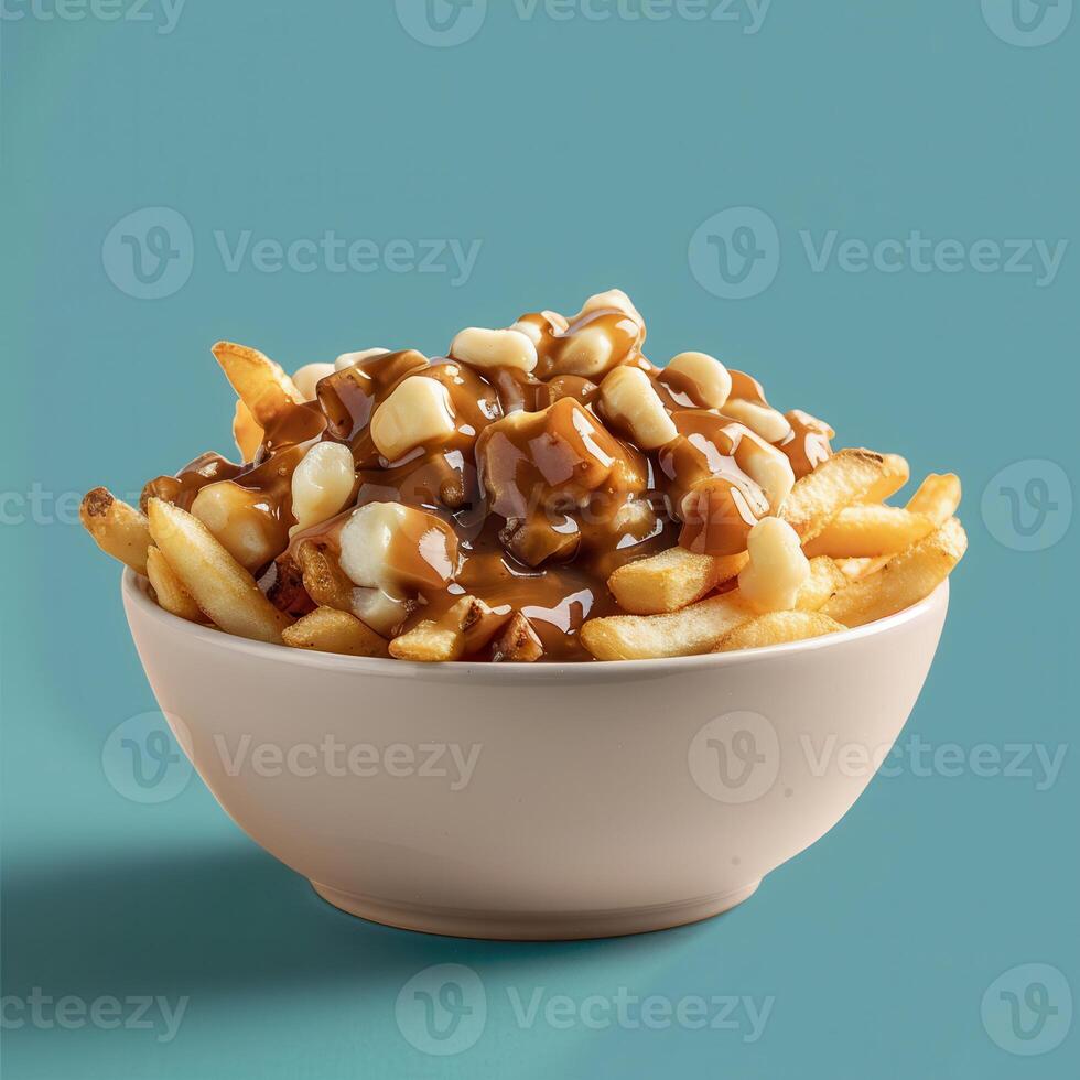 Classic Canadian poutine dish with fries, cheese curds, and gravy. Closeup shot of poutine with a blue background. Delicious and popular Canadian cuisine. photo