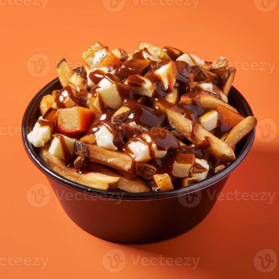 Close-up of poutine, a classic Canadian dish with french fries, cheese curds, and gravy, in a black bowl. Delicious food photography. photo