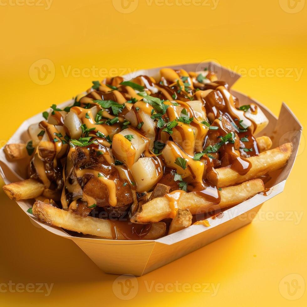 Delicious Poutine with Gravy, Cheese Curds, and Onions. Canadian Fast Food in Paper Basket. photo
