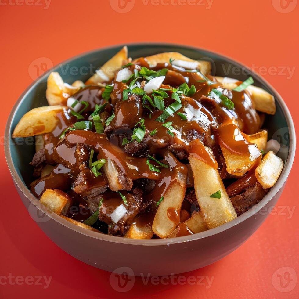 Delicious poutine with gravy, cheese curds, and fries, a Canadian classic. photo