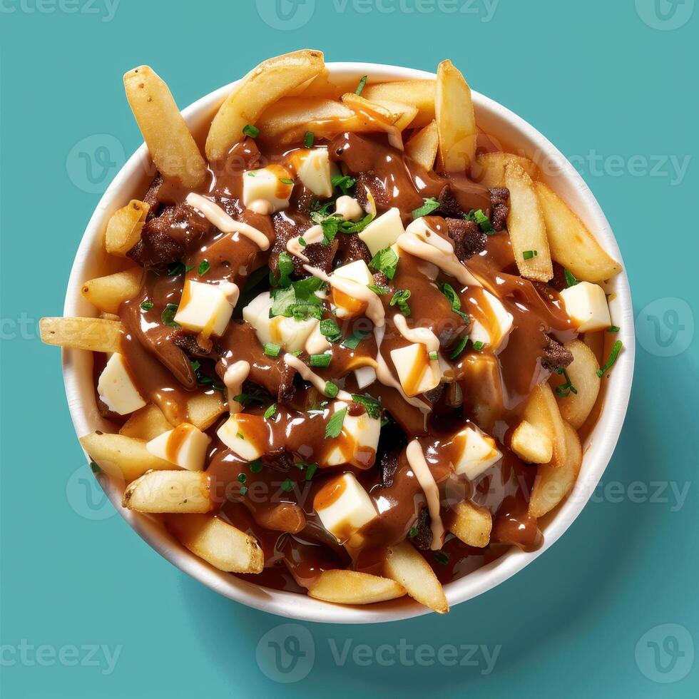 Delicious poutine with cheese curds, gravy, and fries. Classic Canadian comfort food. photo