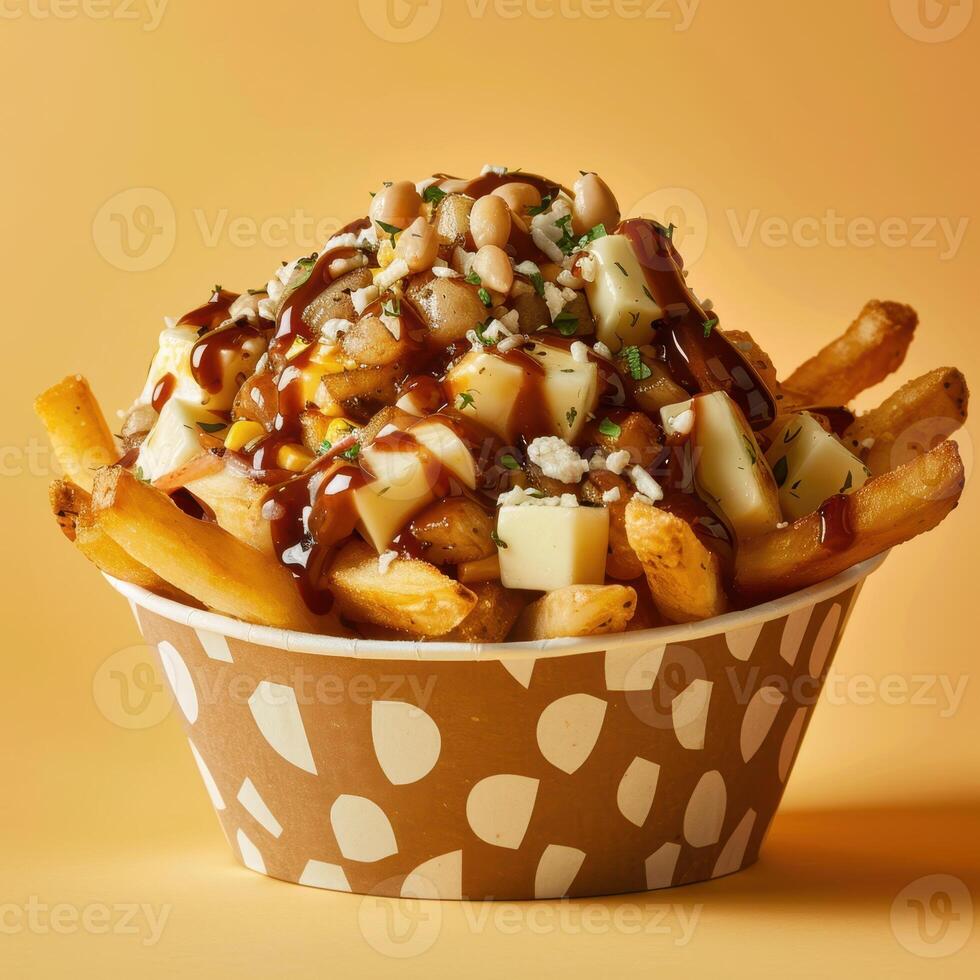 Poutine with cheese curds, gravy, and fries in a paper bowl on a yellow background. photo