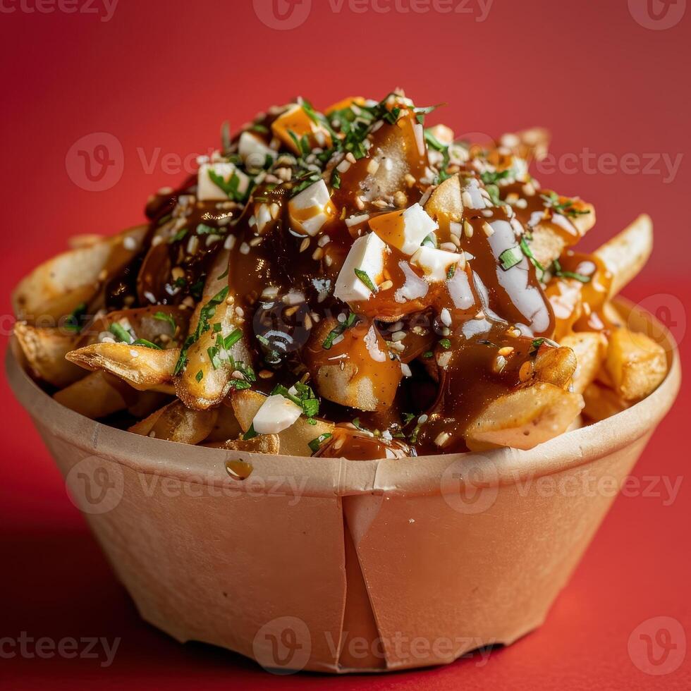 Poutine with cheese curds, gravy, and sesame seeds. Delicious and crispy fries topped with traditional Canadian ingredients. Tasty poutine in a paper bowl. photo