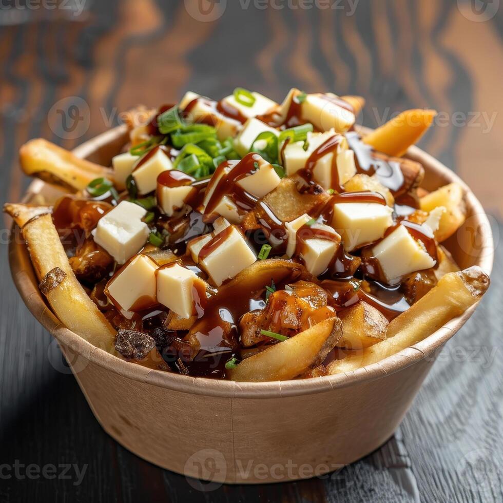 Delicious Poutine, Canadian comfort food with french fries, cheese curds, and gravy. Close up view of traditional dish in a paper bowl photo