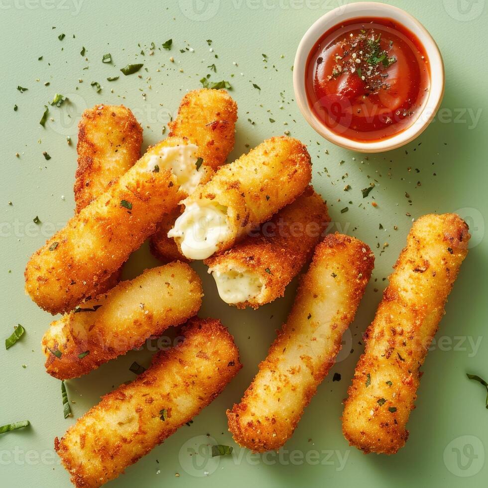 Crispy fried mozzarella cheese sticks served with ketchup. Classic Italian comfort food. photo