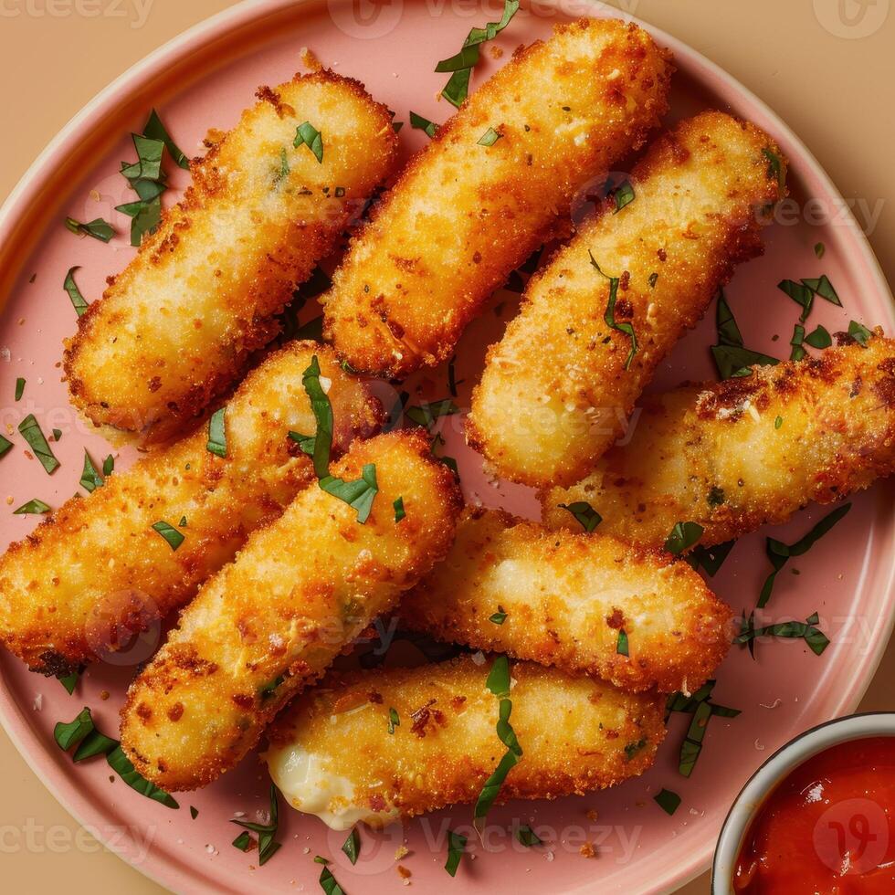 Fried mozzarella sticks served with marinara sauce, a cheesy, crispy, and delicious appetizer or snack. photo