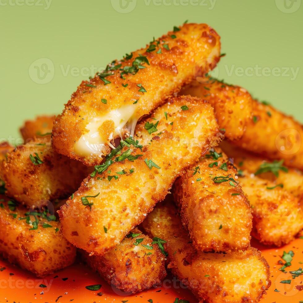 Crispy, golden brown cheese sticks with gooey melted cheese inside. Perfect appetizer or snack, delicious food photography. photo