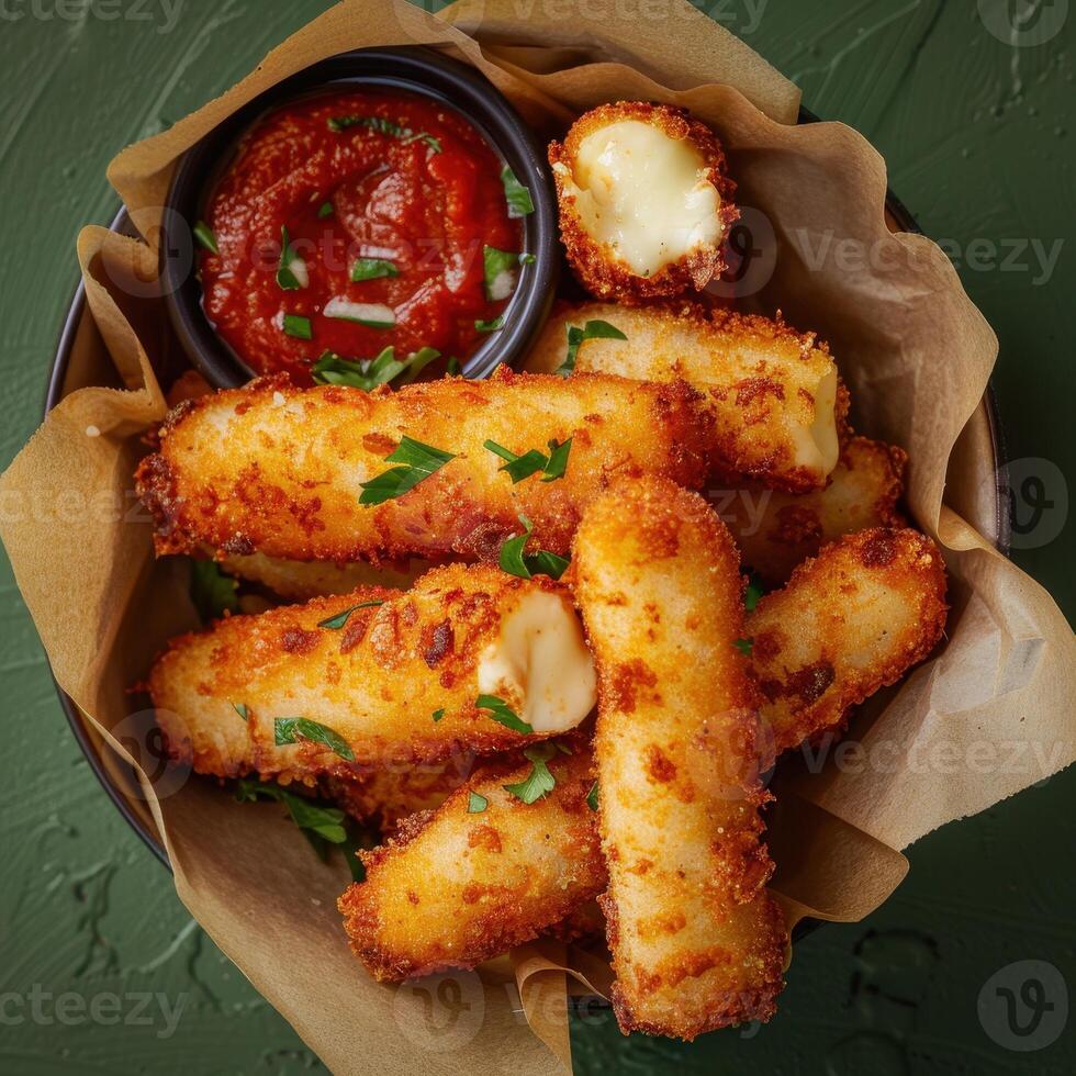 Crispy Fried Mozzarella Cheese Sticks with Marinara Sauce in a Bowl photo
