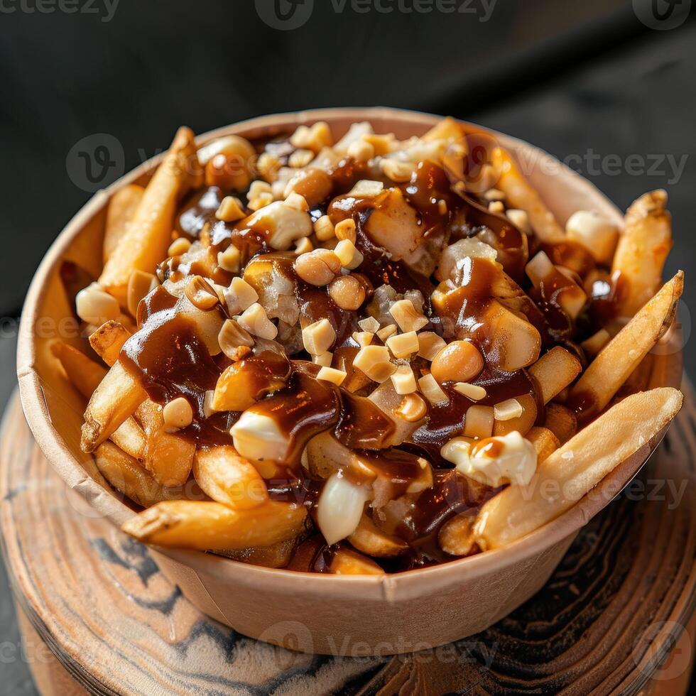Close-up of a poutine dish with cheese curds, gravy, and fries in a paper bowl. photo