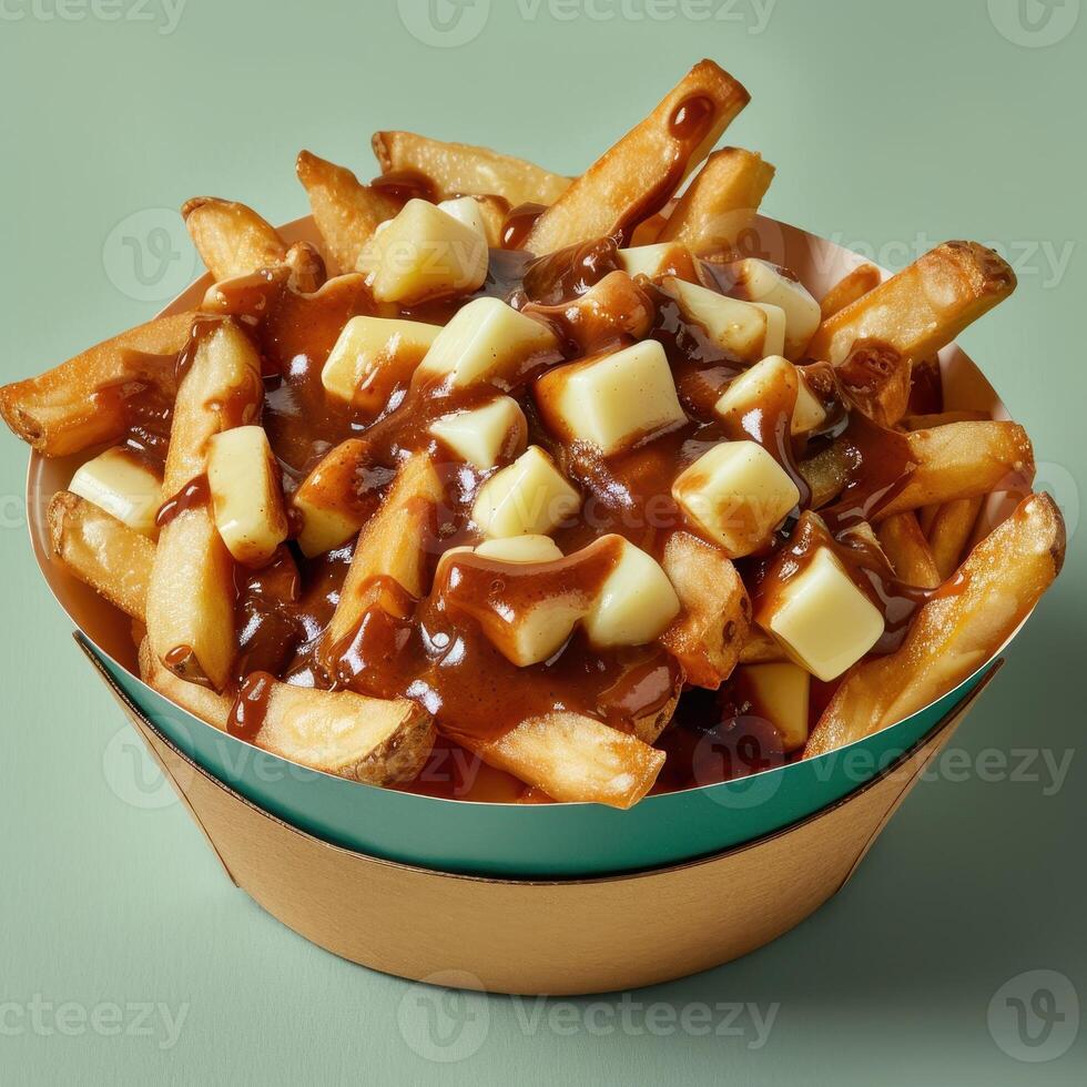 Closeup of a bowl of poutine, a Canadian dish consisting of french fries, cheese curds and gravy. photo