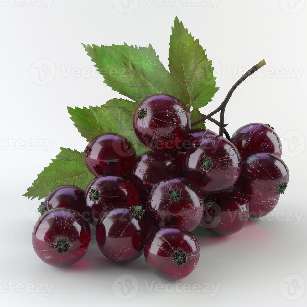Fresh red currants with green leaves on white background. Close-up of ripe red berries. Healthy, delicious summer fruit. photo