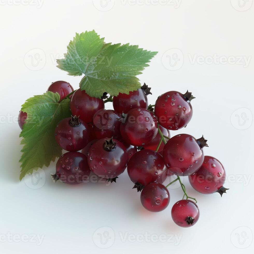 Fresh red currants with green leaves on white background. Macro shot of ripe red currants, juicy summer fruit. Concept of healthy eating, vitamin C, and organic food. photo