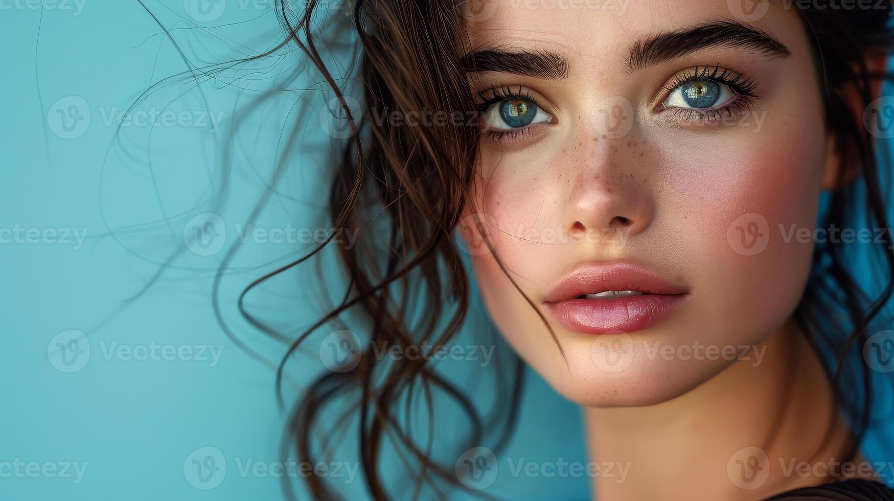 Wind-Blown Beauty - Close-Up Portrait of a Stunning Woman in Black Jumpsuit on Gradient Blue Background photo