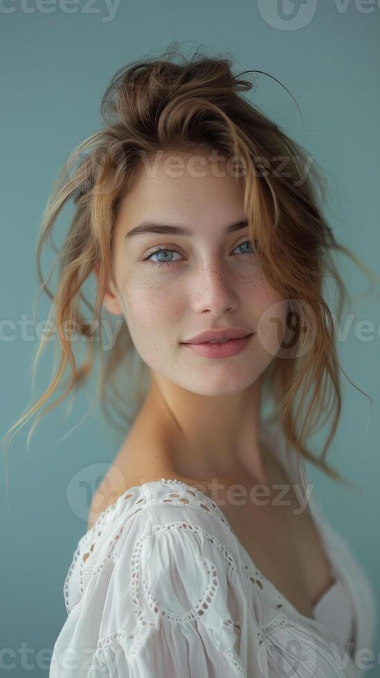 Serene Half Body Portrait of Beautiful Woman With Soft Smile in Natural Light Against Powder Blue Background photo