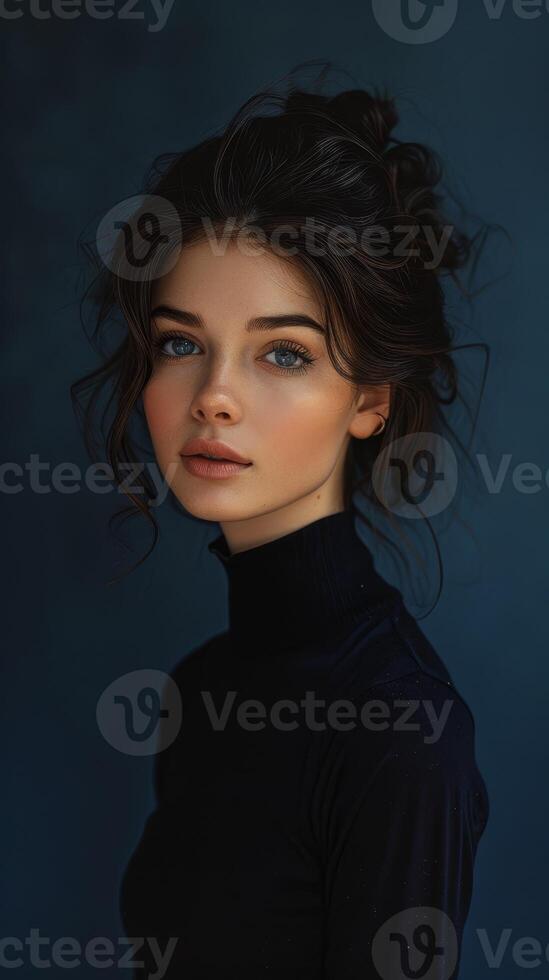 Serene Half Body Portrait of Beautiful Woman in Contemplation on Navy Blue Background with Natural Light Glow photo