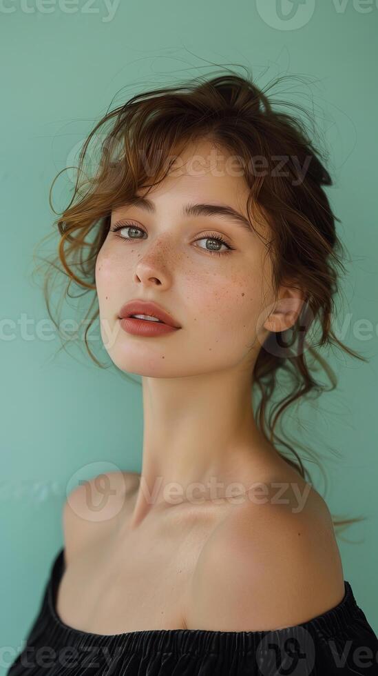 Half Body Portrait of a Woman with a Thoughtful Expression on Mint Green Background-Lit by Natural Light photo