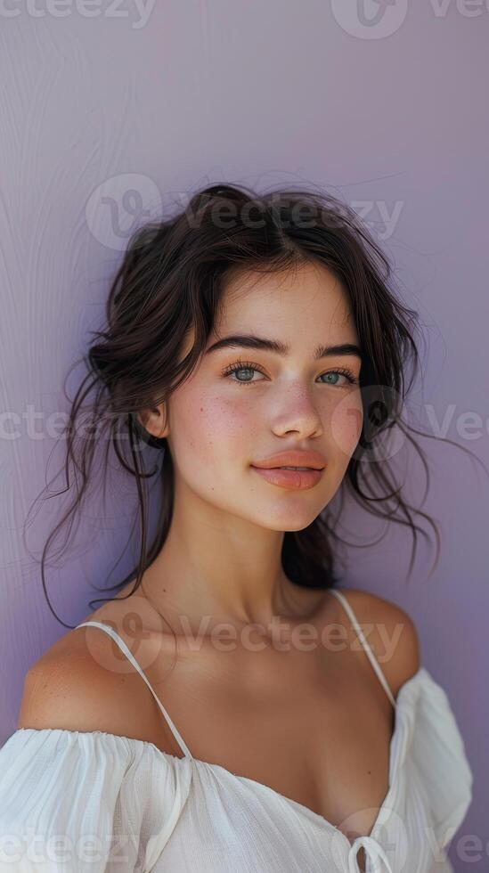 Half Body Portrait of a Serene Woman with a Gentle Smile on Pastel Purple Background, Bathed in Natural Light photo