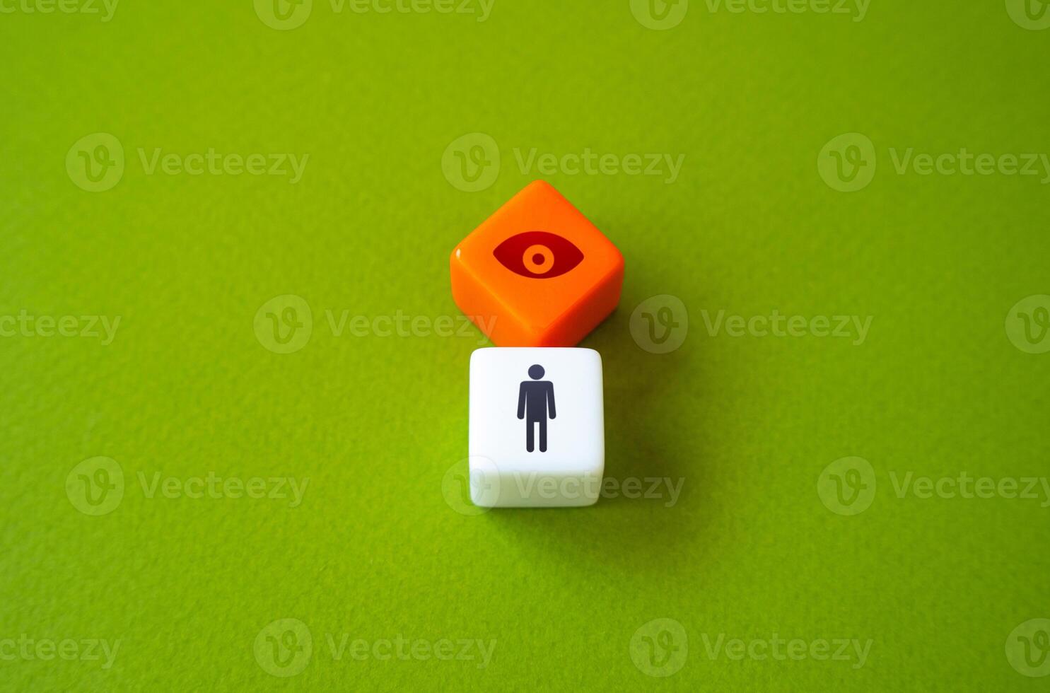 Human figure and eye above head. Surveillance concept. Personal privacy and data collection. Transparent data usage policies. Cautious about sharing personal information online. photo