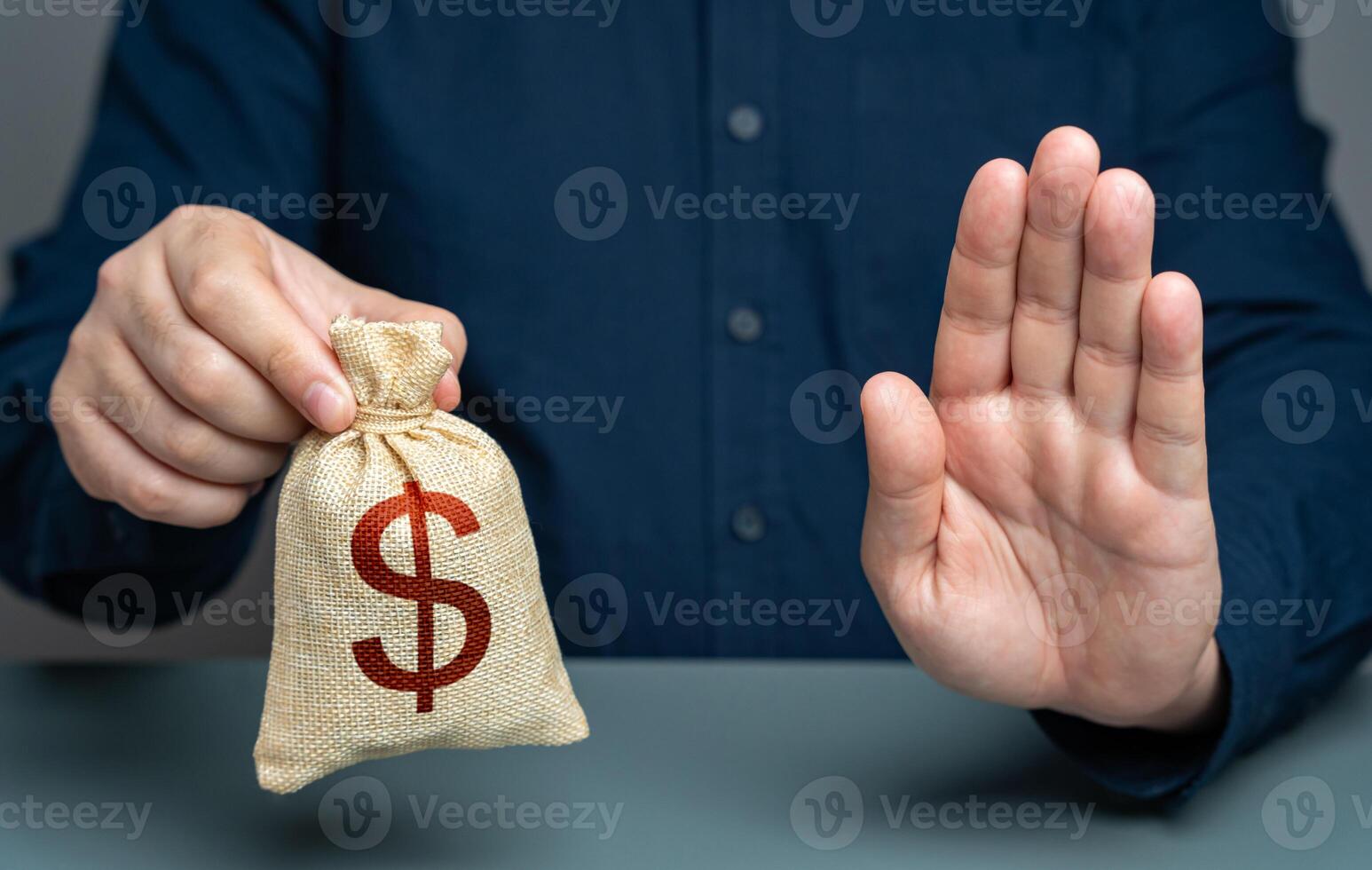 The man refuses the deal. Refusal to issue money, a loan or a mortgage. Penalties. Low credit score. Refusal to cooperate, cancellation of purchase. Termination of contract. No refinancing. photo