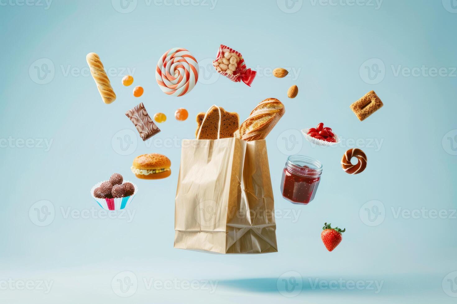 A shopping bag floating in the air, from which bread, a jar of jam, cookies, cakes, chocolate, sweets on a blue background are taken out .For advertising and banners. photo