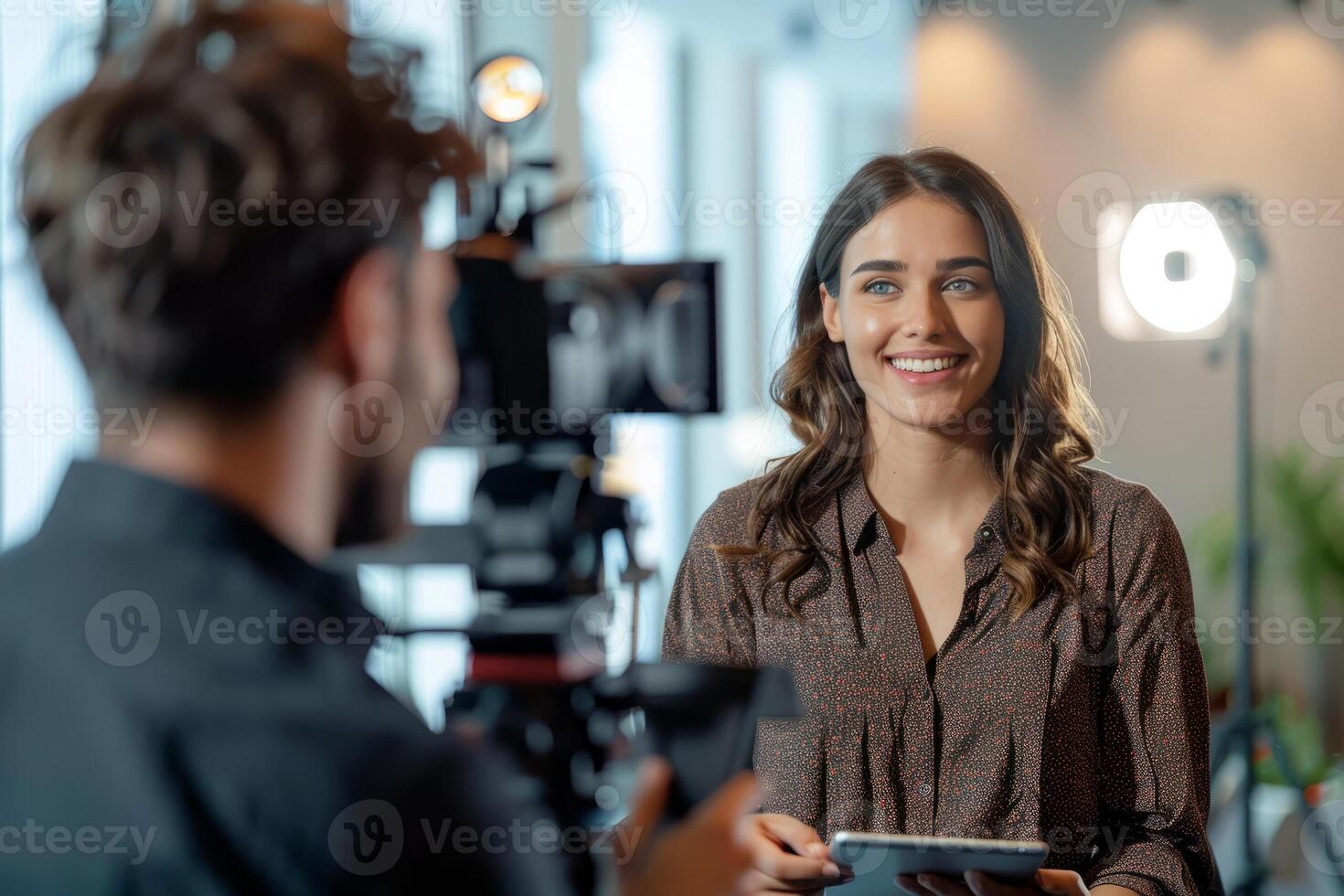 a woman gives an interview in front of the camera with a smile on her face. photo