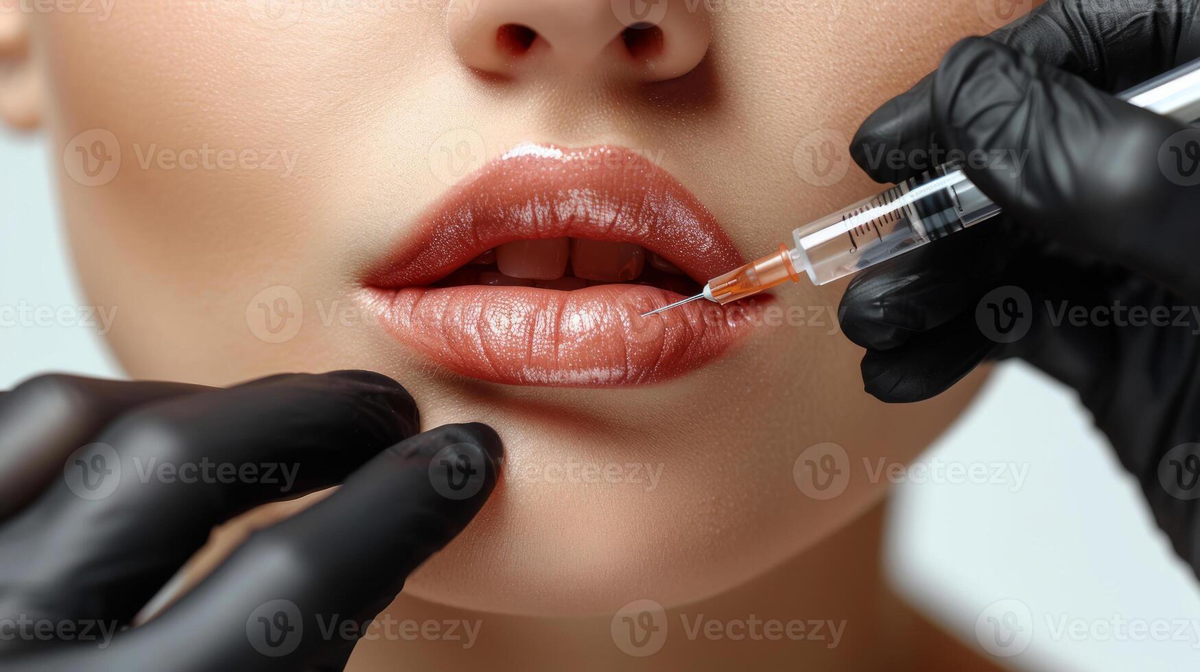 A beautiful woman is injecting filler into her lips in a beauty salon. A procedure for enlarging the lips of a beautiful woman. Botox or hyaluronic collagen HA photo