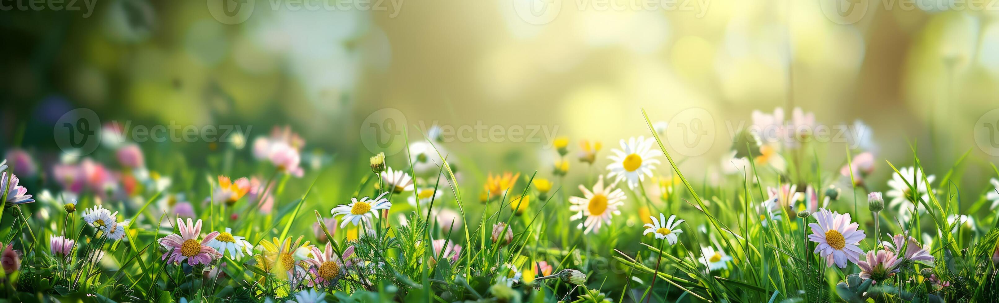 A beautiful green meadow with bright wildflowers - daisies, chrysanthemums and grass in the sunlight. photo