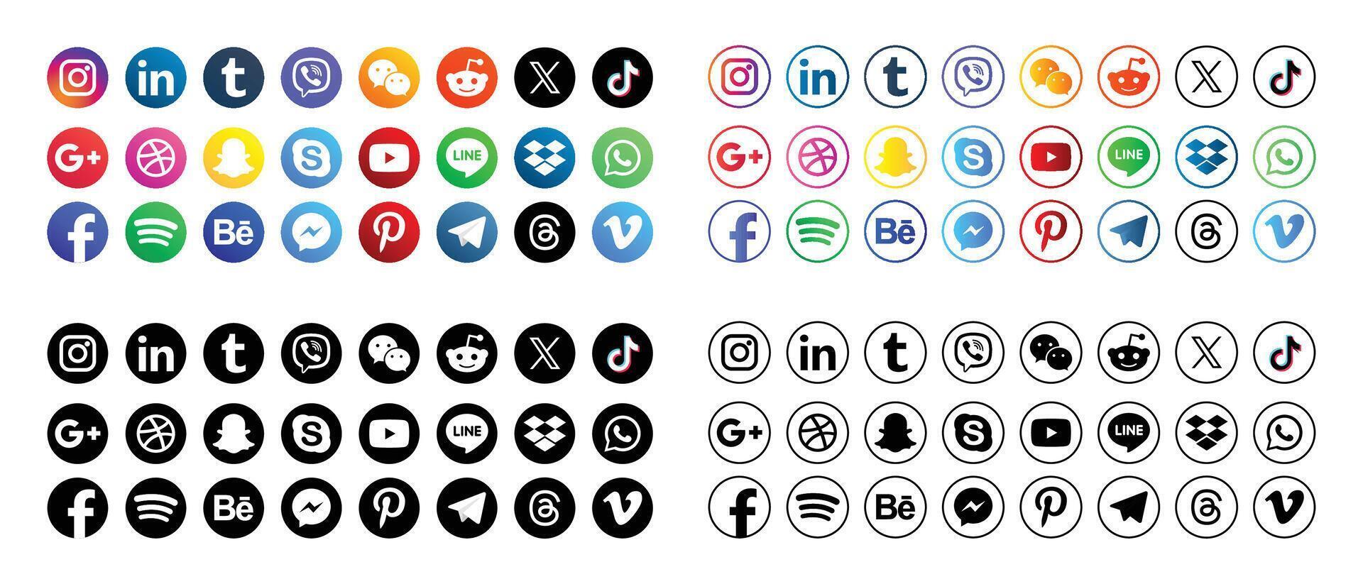 Set popular social media icons. Facebook, instagram, twitter, youtube, pinterest, behance, google, linkedin, whatsap, snapchat and many more. Editorial illustration vector