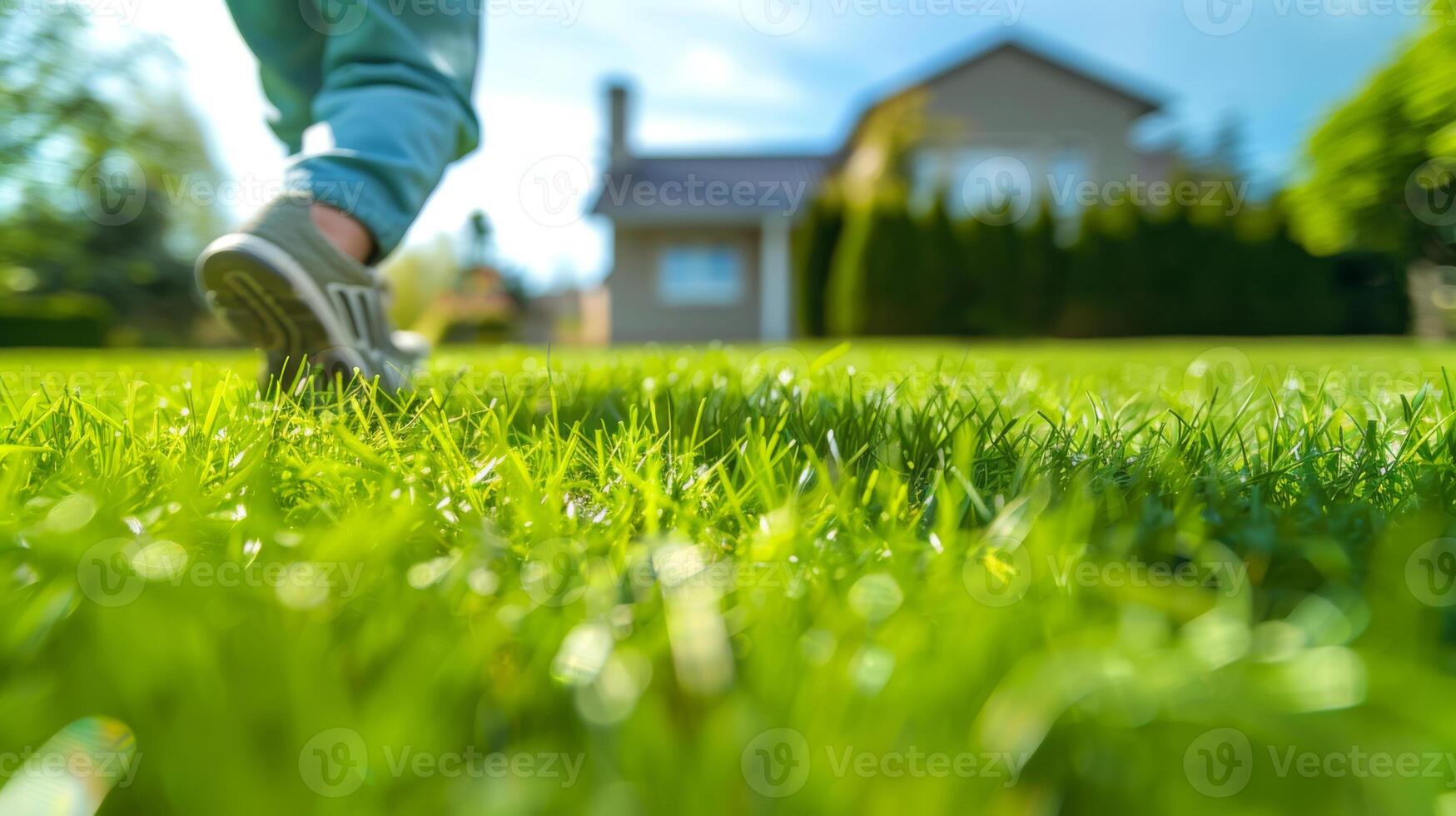Close-up of the grass in the yard in front of the house. A child running across the lawn in the background of a house. photo