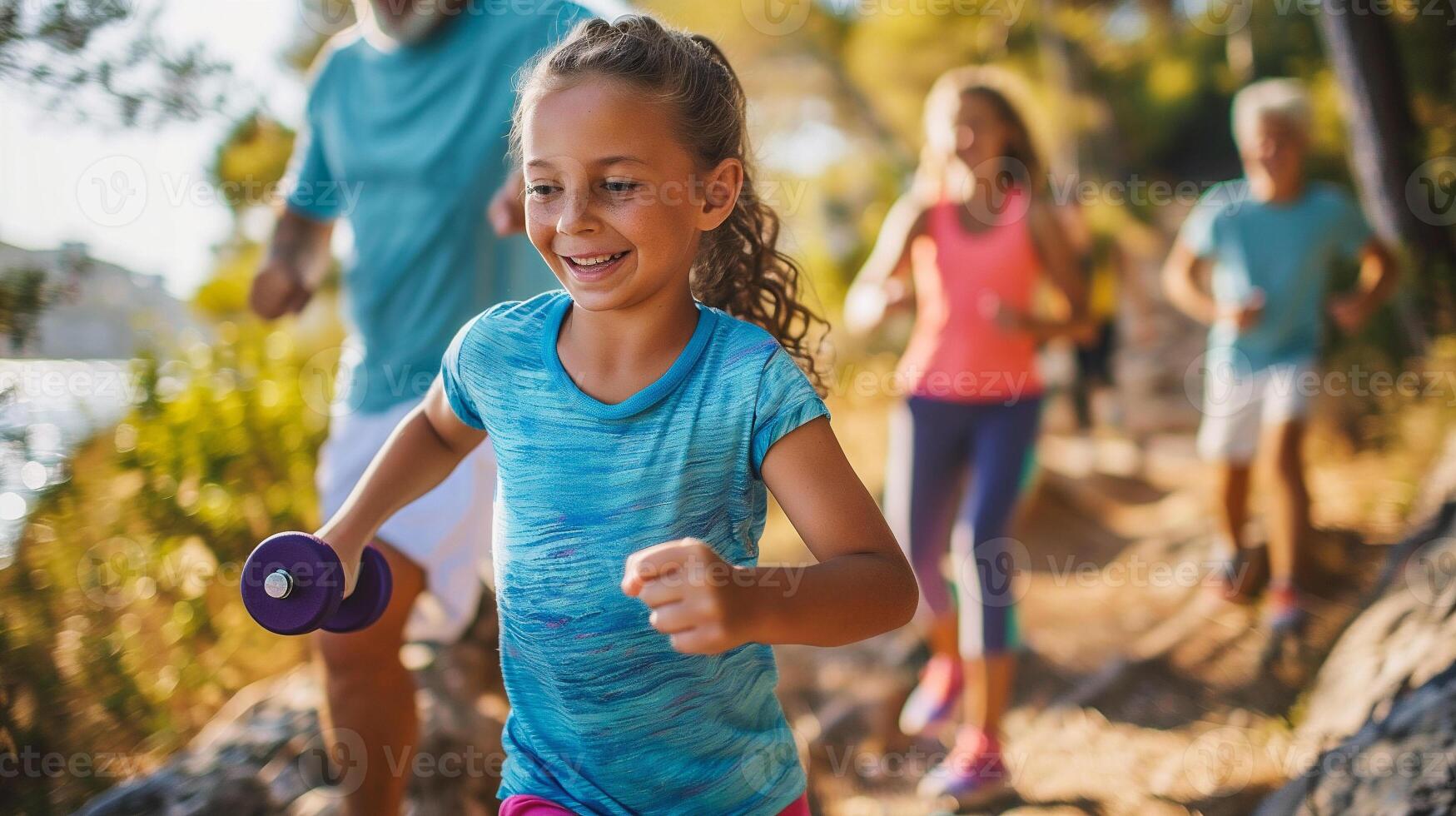 Portrait of smiling girl exercising with dumbbells during obstacle course in boot camp photo