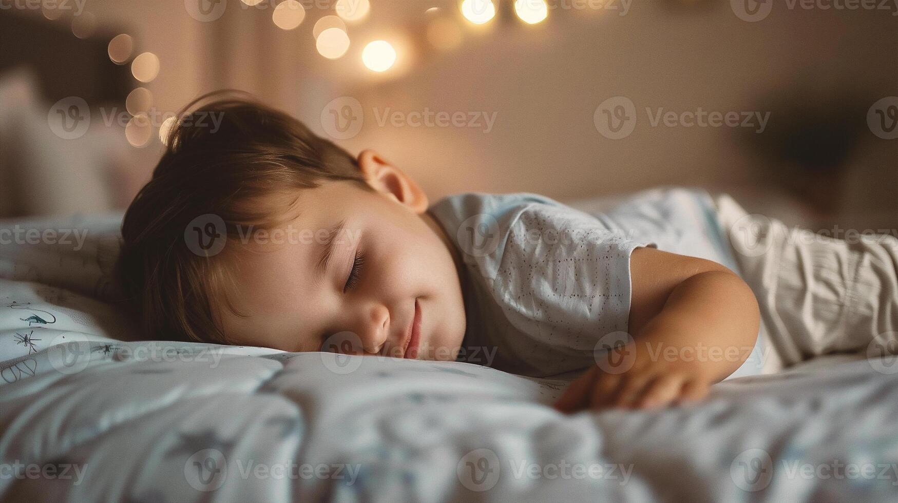 Cute little boy sleeping on the bed at home. The concept of children's sleep. photo