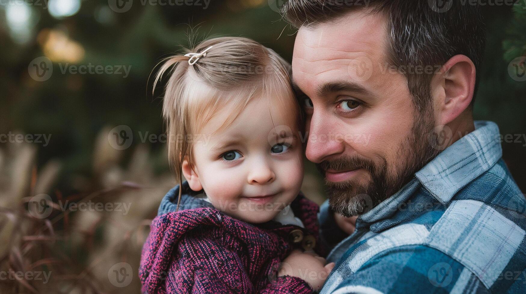Happy father and his little daughter hugging in the park at sunset. photo