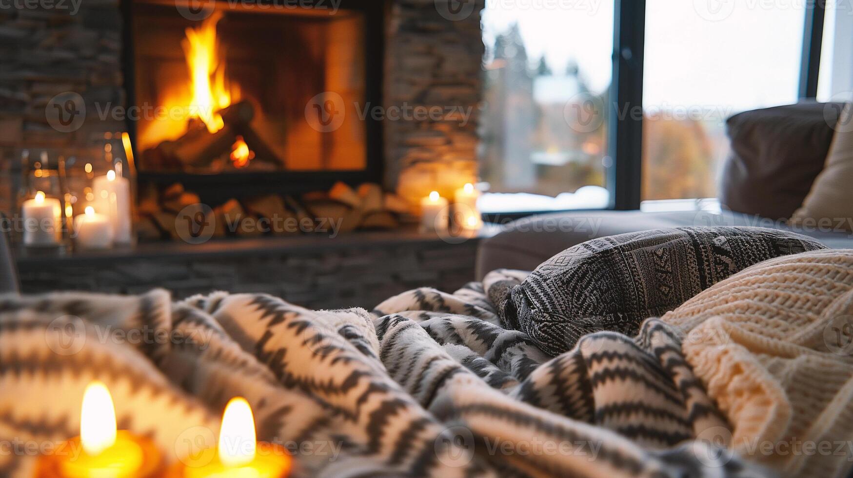 Cozy winter evening by the fireplace. Warm knitted plaid on the table in front of the fireplace. photo