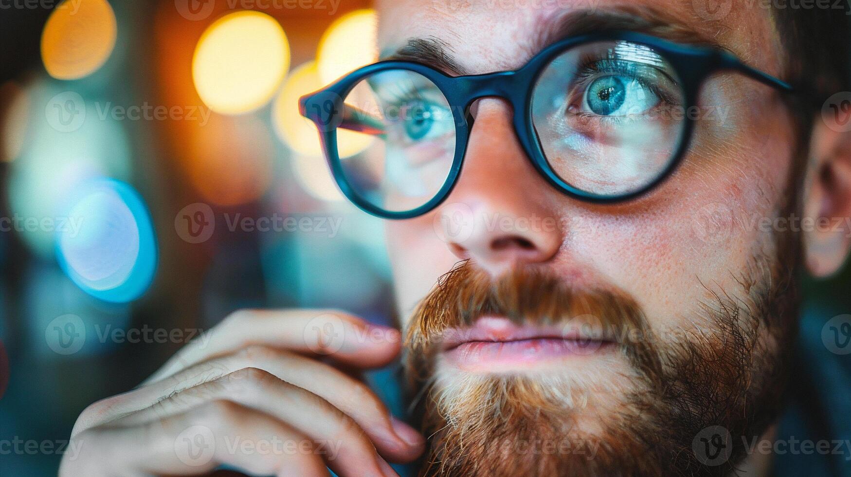 Portrait of a pensive young man wearing eyeglasses in a cafe photo