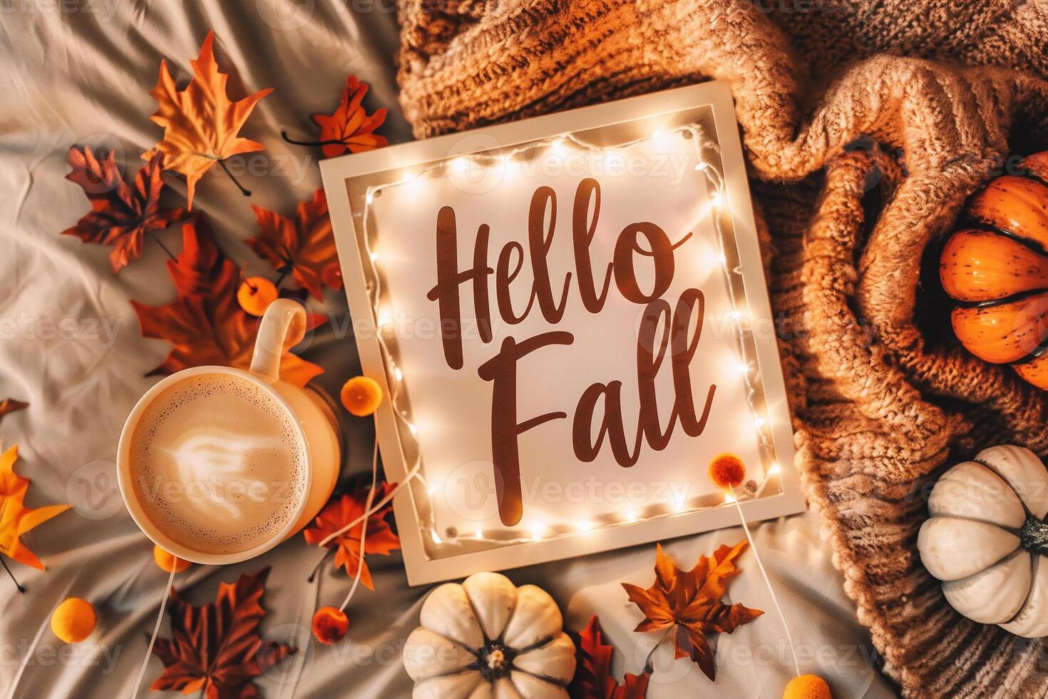 Hello Fall. Autumn composition with hot coffee, pumpkins, warm knitted scarf, autumn leaves and lettering Hello Fall. Cozy Fall concept. photo