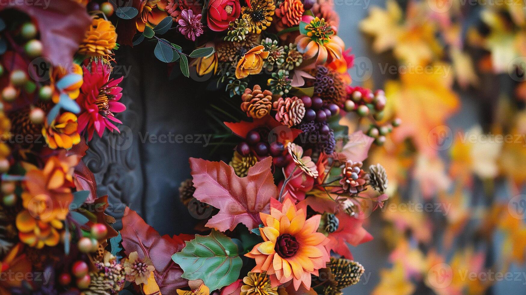 Beautiful autumnal wreath made of colorful leaves and berries. photo