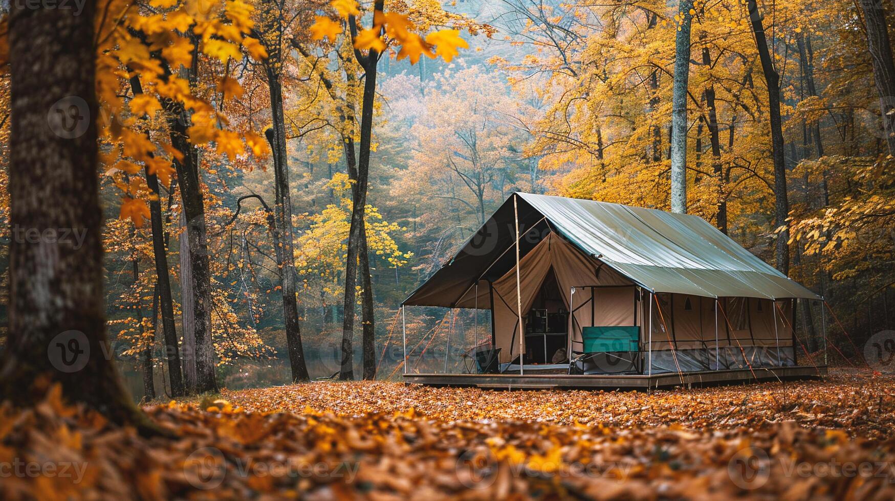 Tent in the autumn forest. Camping in the forest. photo