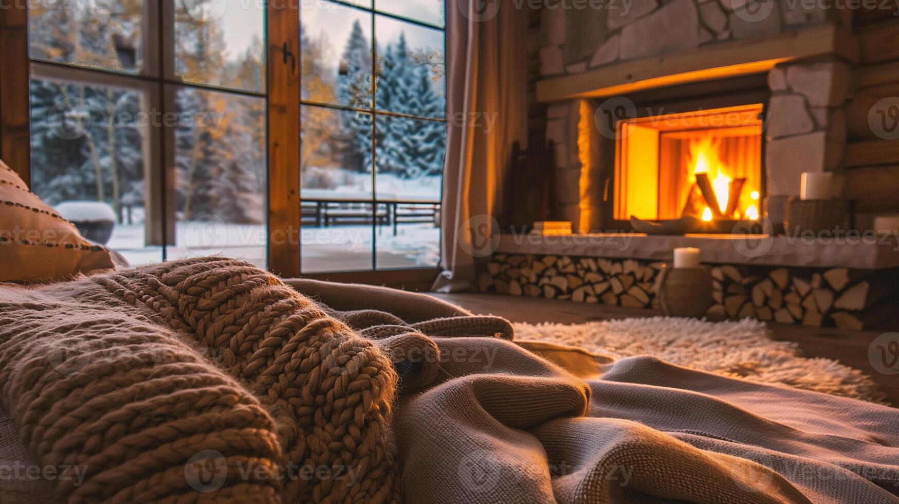 Cozy winter evening by the fireplace. Warm knitted plaid on the table in front of the fireplace. photo