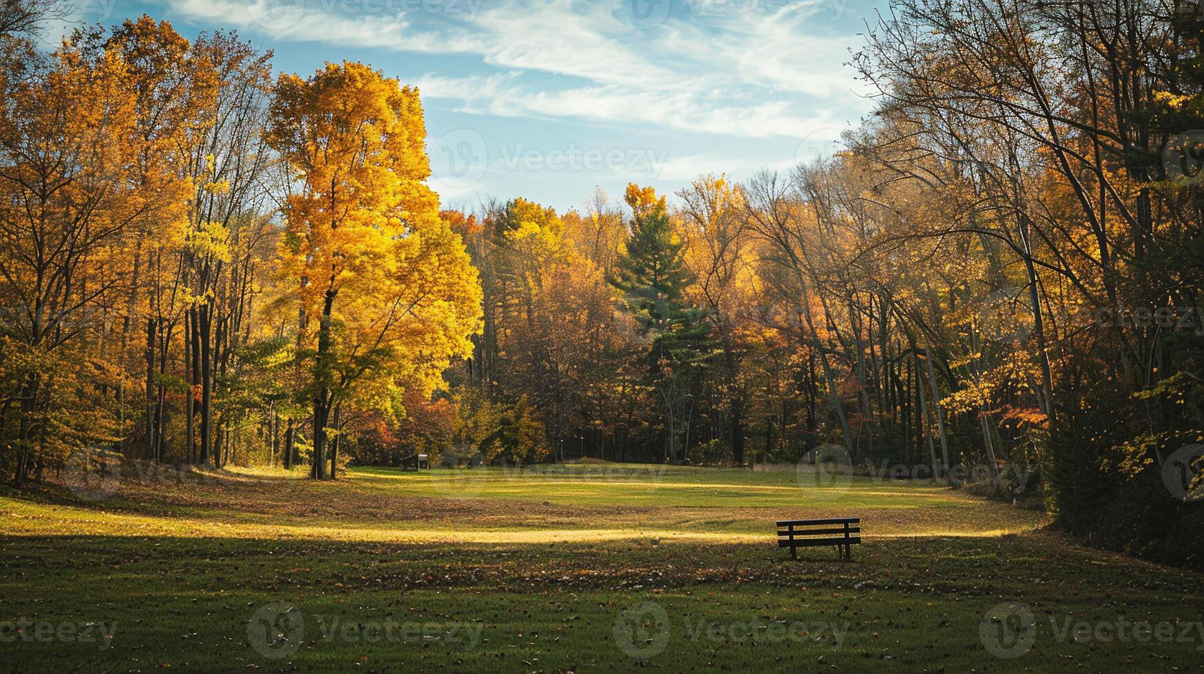 Autumn landscape with a bench in the park. Beautiful autumn forest. photo