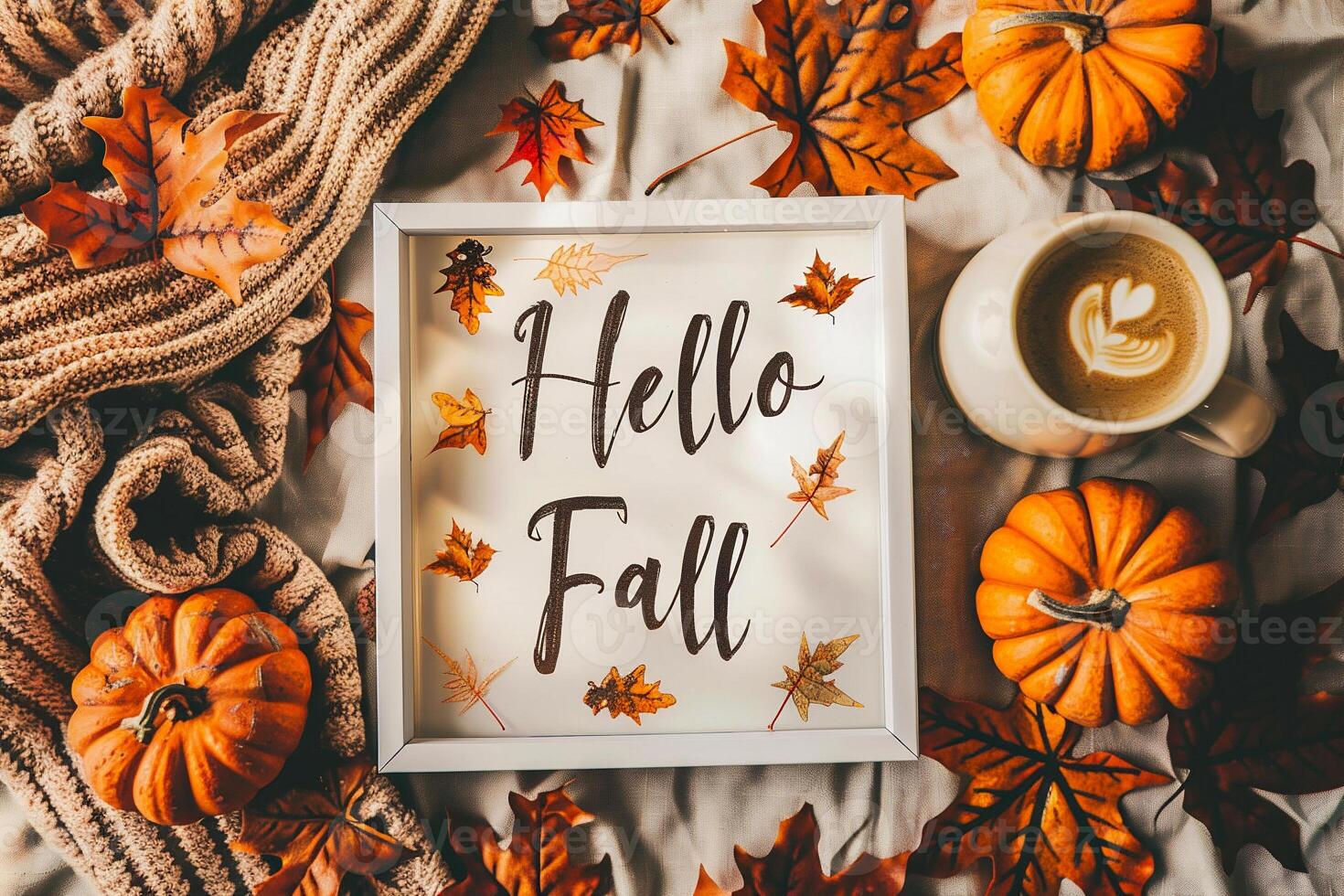 Hello Fall. Autumn composition with hot coffee, pumpkins, warm knitted scarf, autumn leaves and lettering Hello Fall. Cozy Fall concept. photo