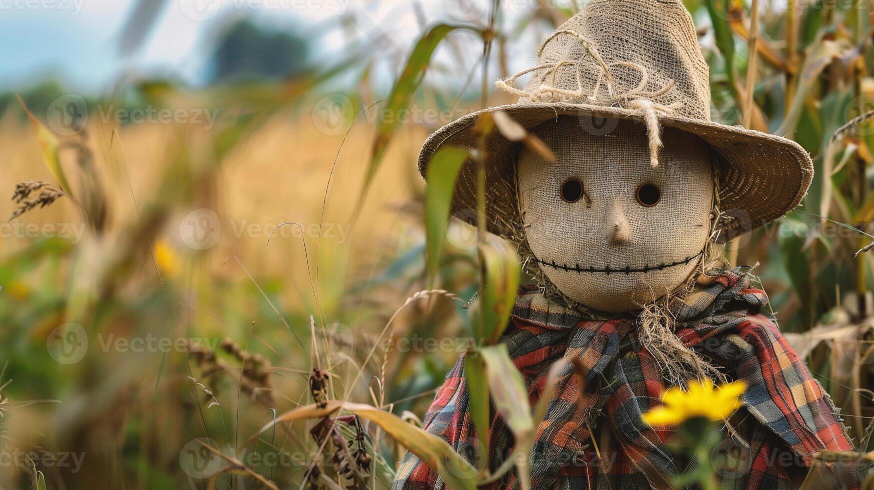 A scarecrow in a field of sunflowers in autumn. photo