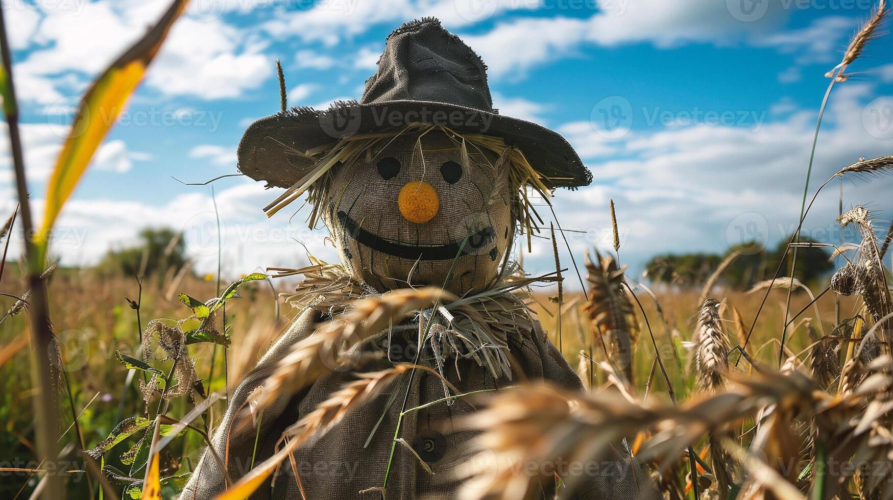 A scarecrow in a field of sunflowers in autumn. photo