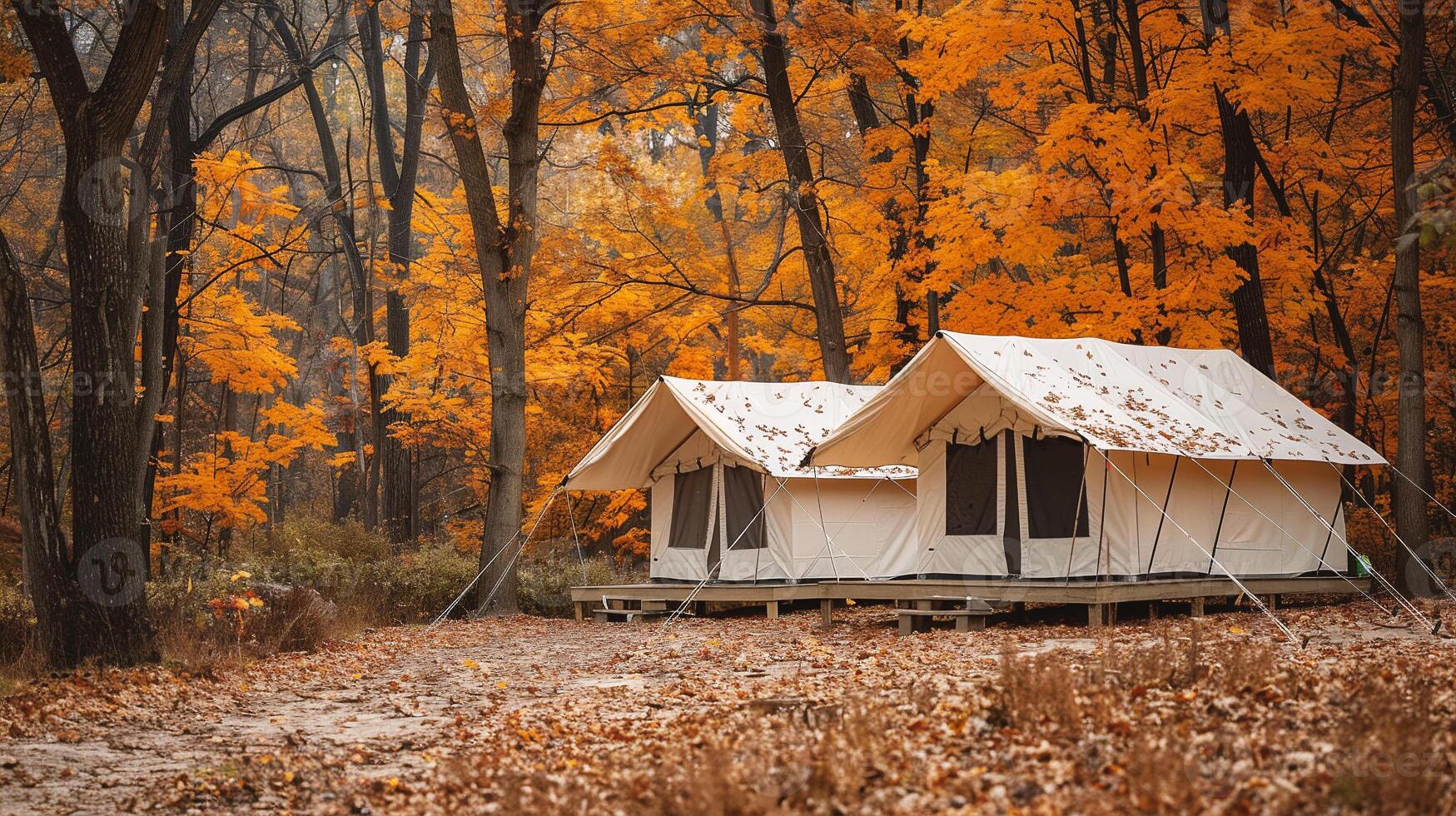Tent in the autumn forest. Camping in the forest. photo