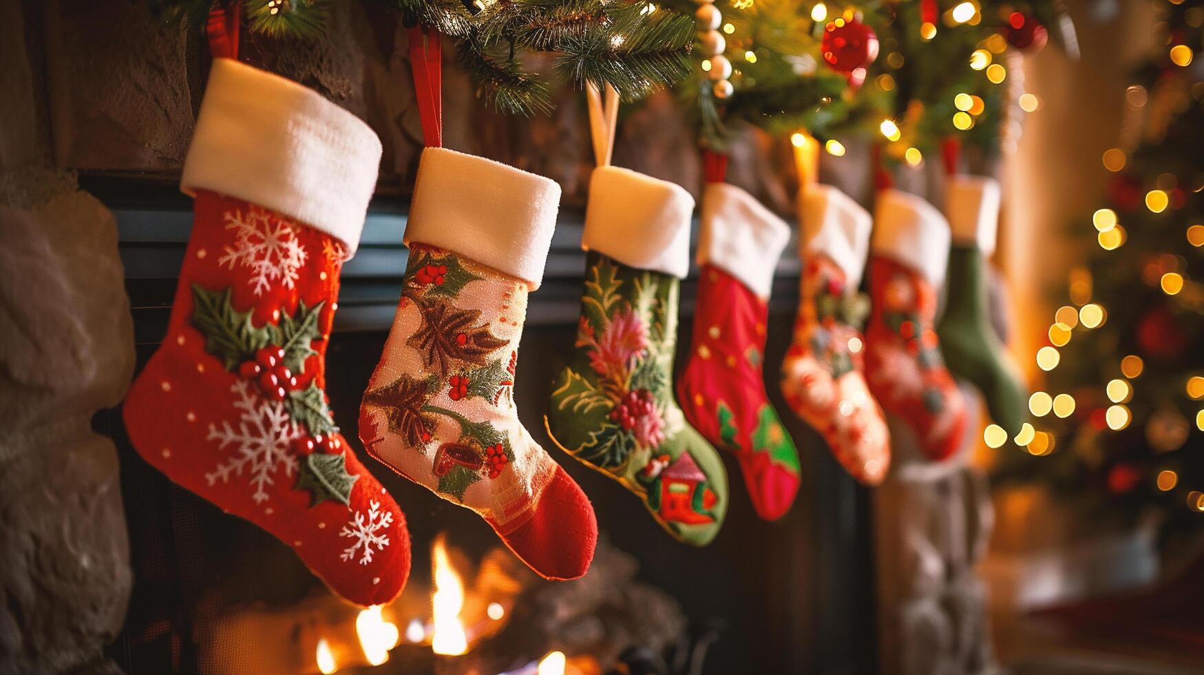Christmas socks hanging in front of a fireplace. Christmas and New Year background photo