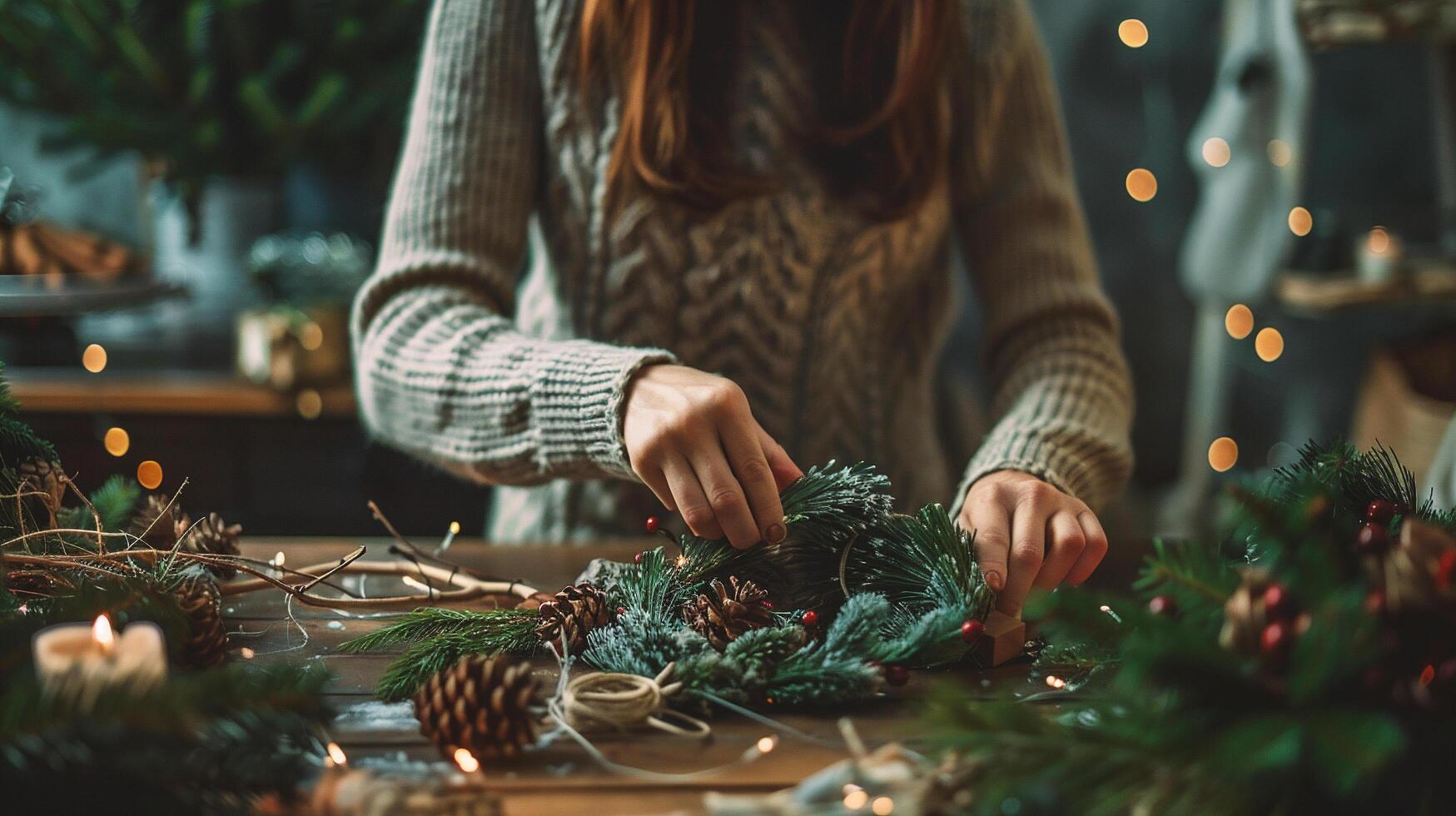 Woman decorating christmas wreath at home. Female hands making Christmas wreath. Preparing for winter holidays. photo