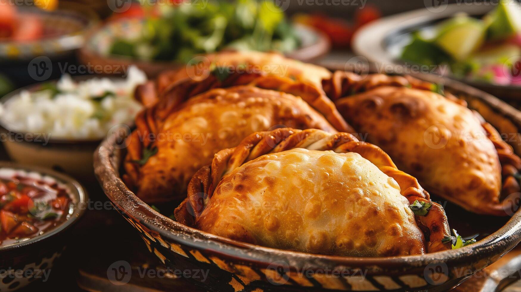 empanadas with cheese and vegetables on rustic background photo