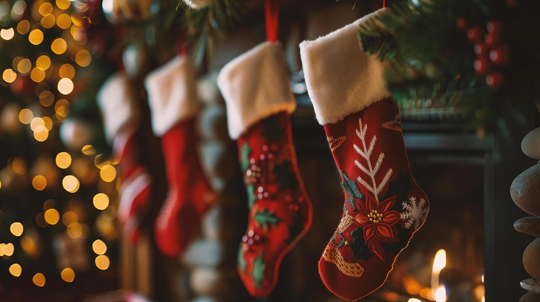 Christmas socks hanging in front of a fireplace. Christmas and New Year background photo