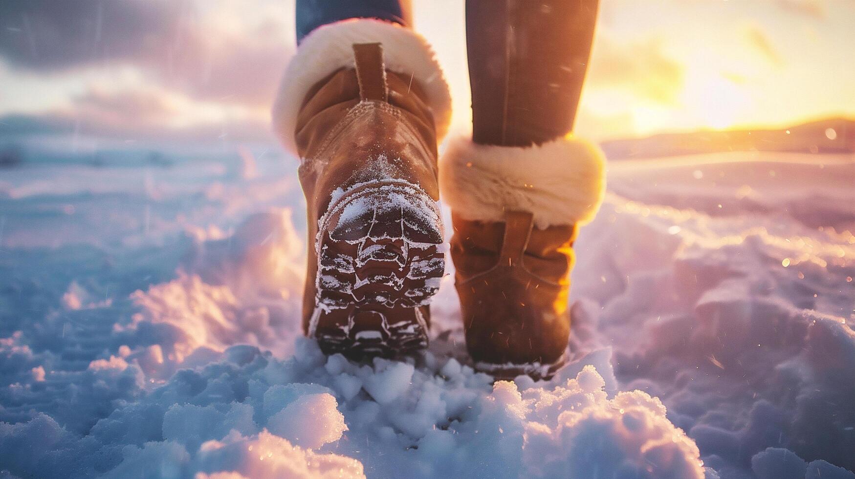 Close up of female legs in warm winter boots standing on snow at sunset photo