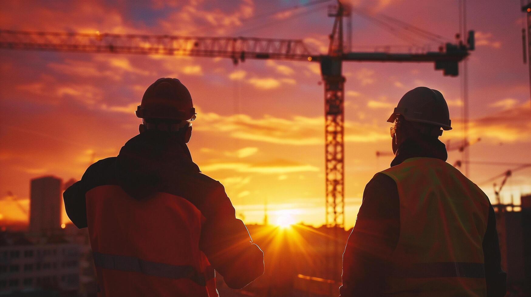 silhouette of engineer and construction worker on the background of building photo