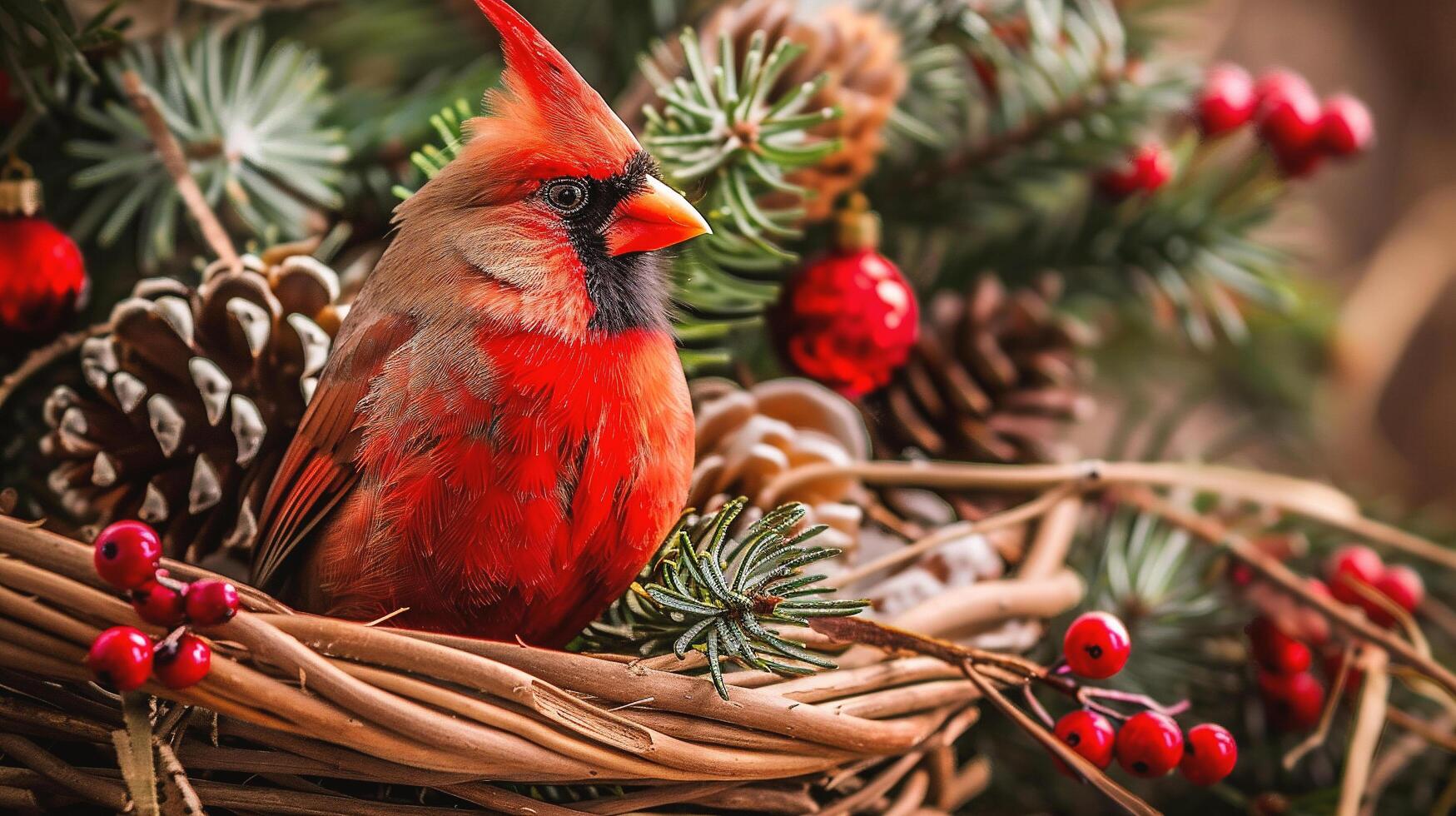 Red cardinal bird sitting in a wicker basket on the Christmas tree. photo